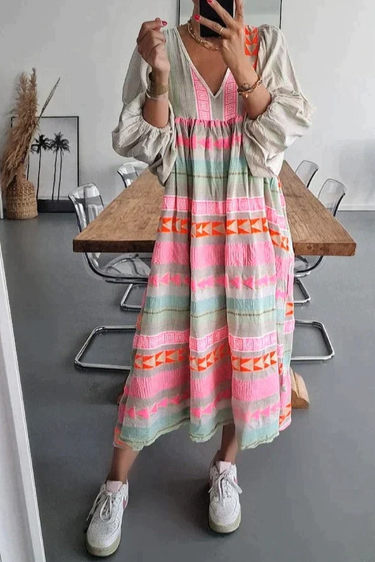 Boho Maxikleid mit Ethno-Muster – Luftiges V-Ausschnitt Kleid mit weiten Ärmeln für Damen