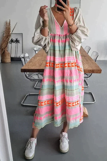 Boho Maxikleid mit Ethno-Muster – Luftiges V-Ausschnitt Kleid mit weiten Ärmeln für Damen