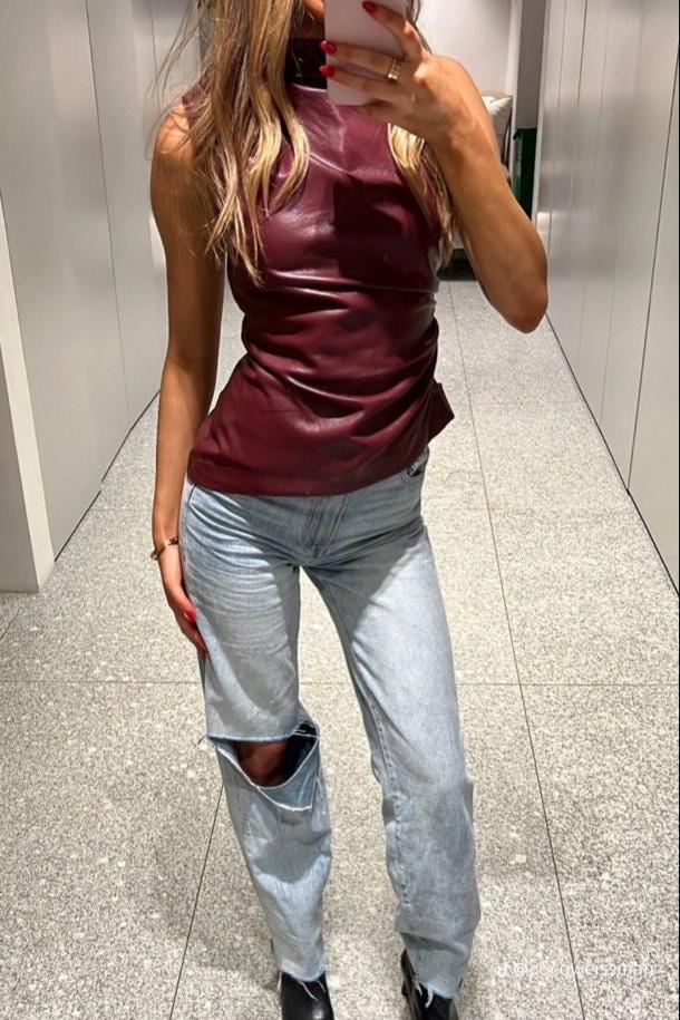 Damen Ärmelloses Leder-Top in Bordeaux mit Taillierter Passform – Nila