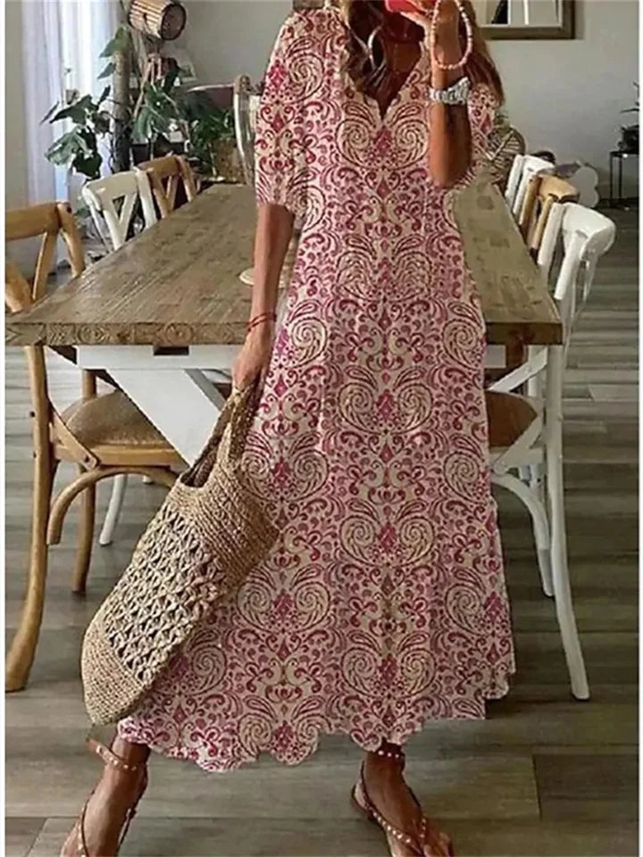 Boho Maxikleid mit Blumenmuster – Luftiges Sommerkleid mit V-Ausschnitt und 3/4-Ärmeln