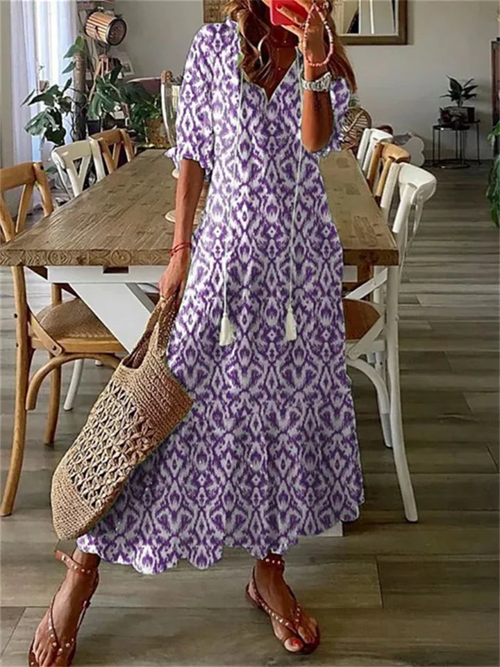 Boho Maxikleid mit Blumenmuster – Luftiges Sommerkleid mit V-Ausschnitt und 3/4-Ärmeln