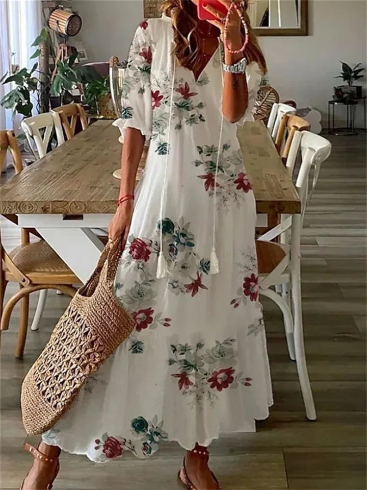 Boho Maxikleid mit Blumenmuster – Luftiges Sommerkleid mit V-Ausschnitt und 3/4-Ärmeln