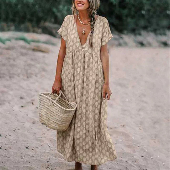 Boho Maxikleid mit V-Ausschnitt – Luftiges Sommerkleid mit Print und Kurzarm