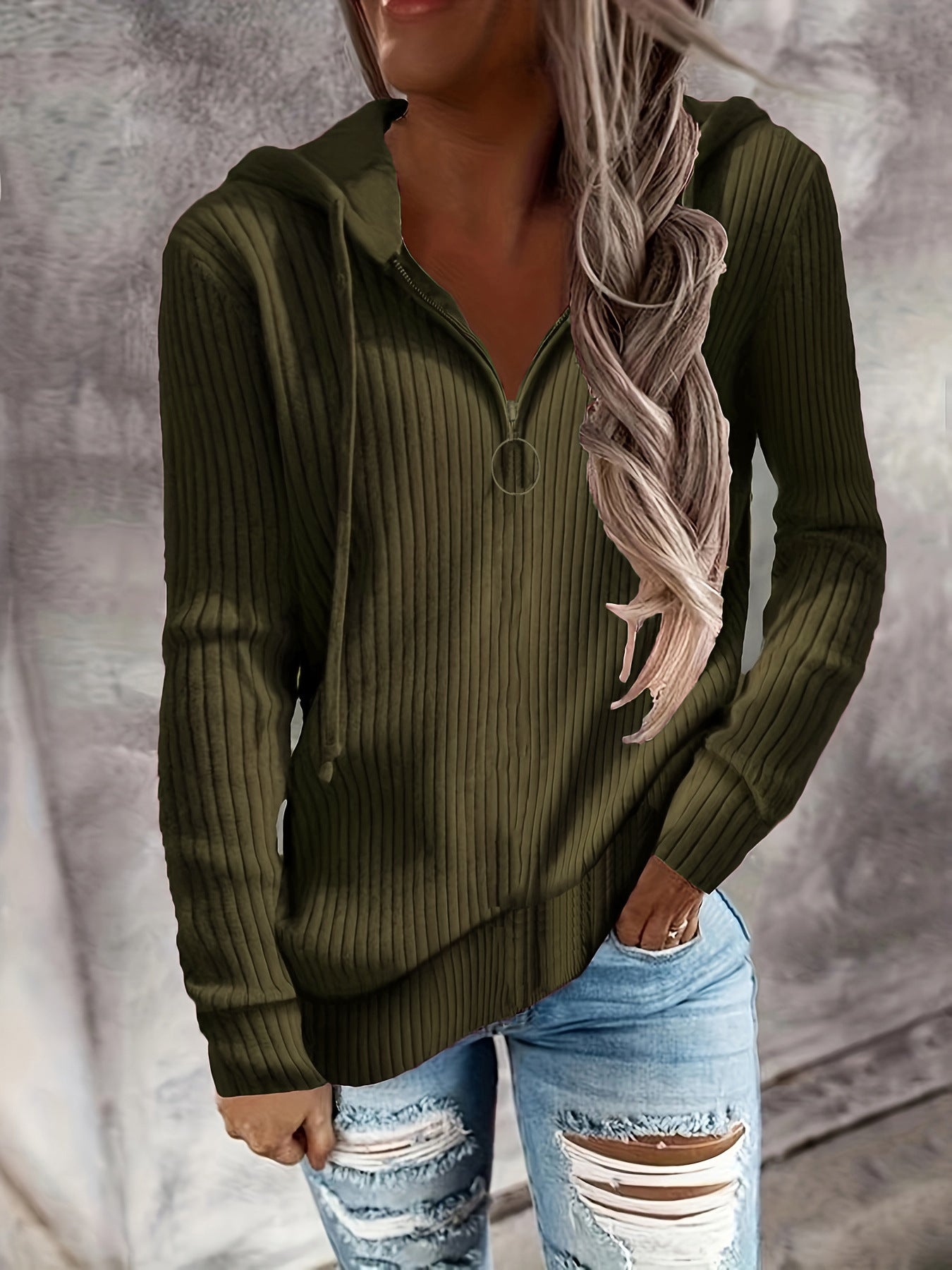 Damen Hoodie mit Reißverschluss und lässigem Rippenstrickdesign WW