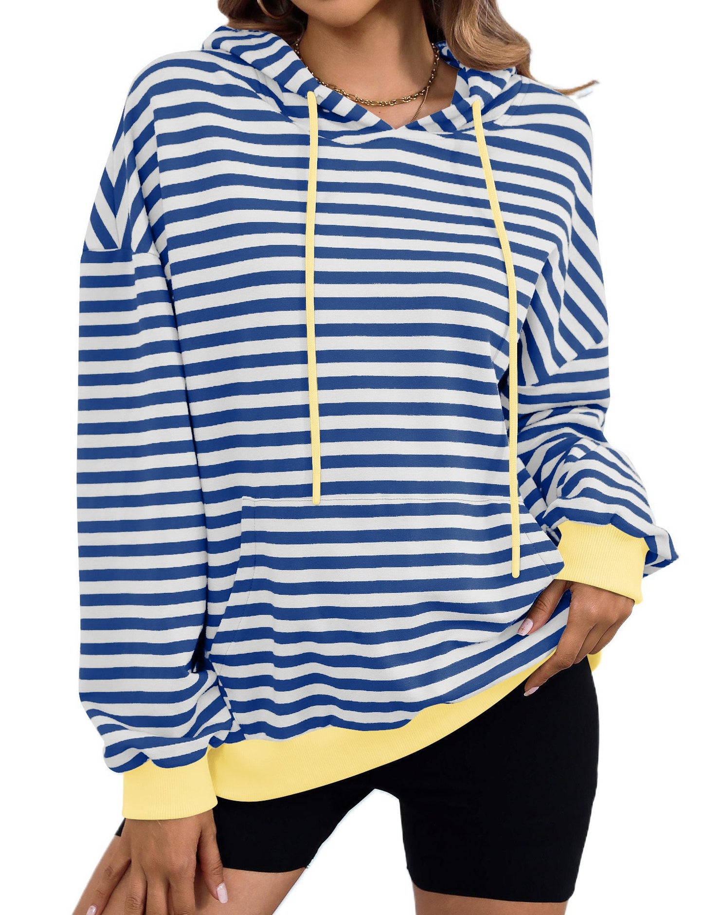 Damen gestreifter Kapuzenpullover mit stylischer Kängurutasche WW
