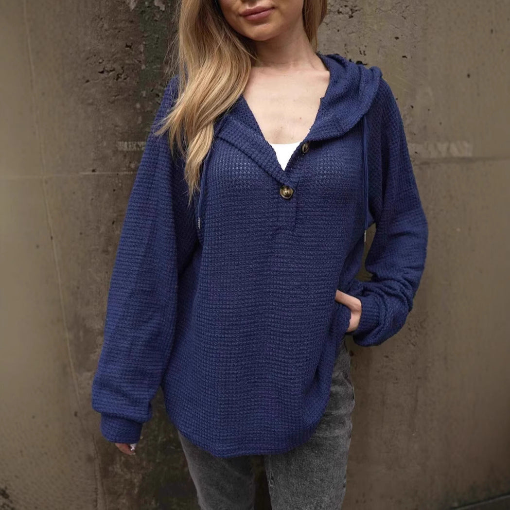 WW | Einfarbiger Knopf Zugband Lockere Lange Ärmel Hoodie