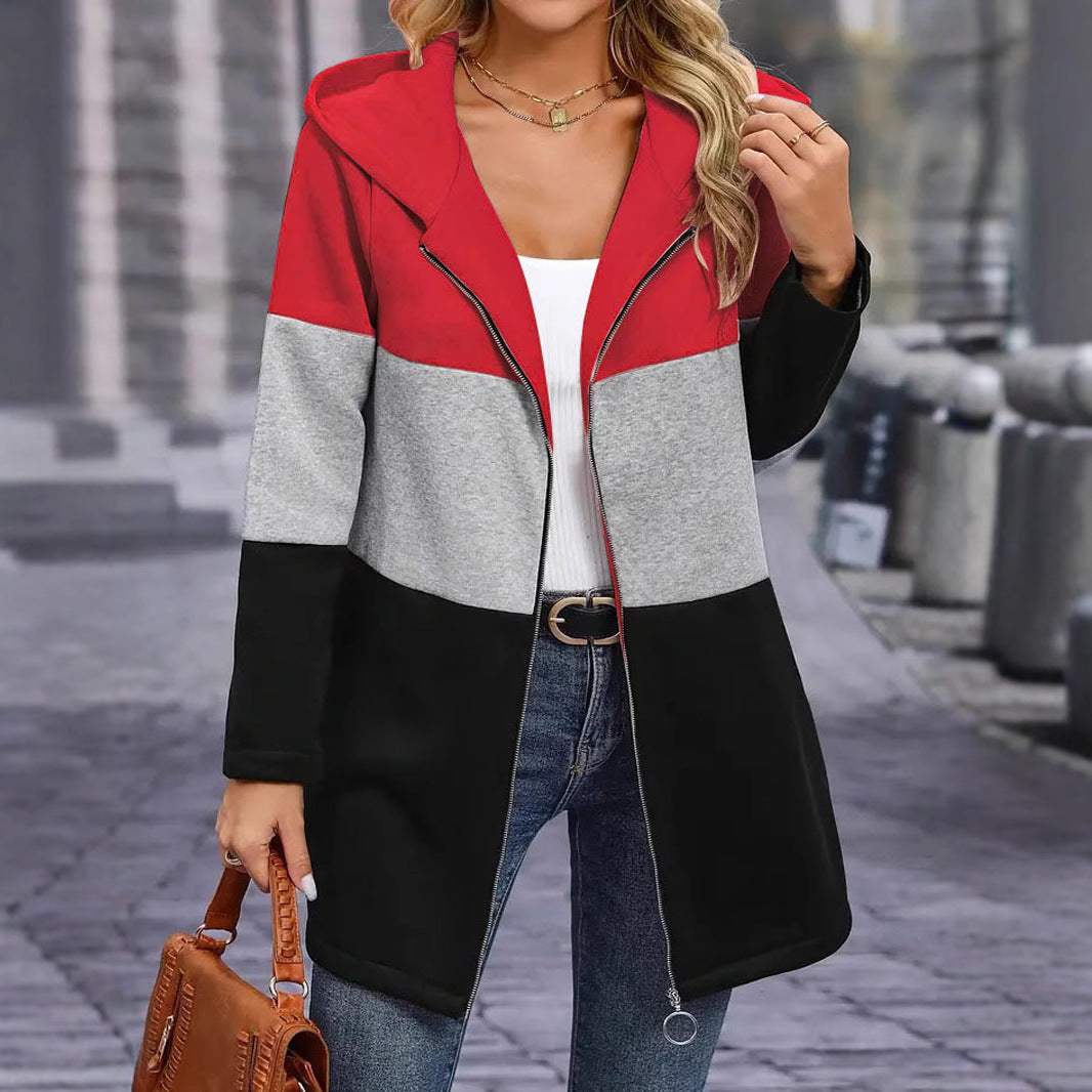 Damen modische Kapuzensweatjacke mit Farbblockdesign und bequemer Passform WW