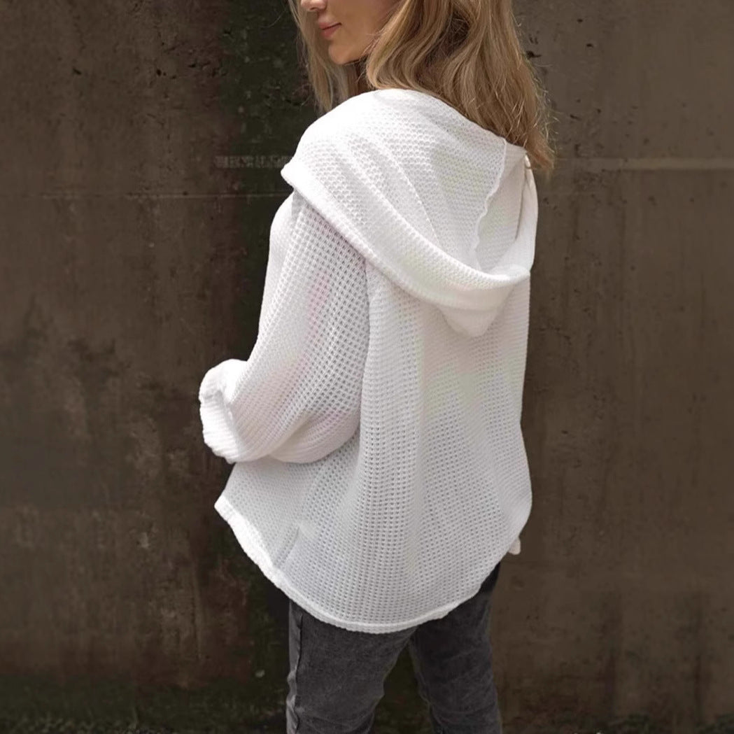 WW | Einfarbiger Knopf Zugband Lockere Lange Ärmel Hoodie