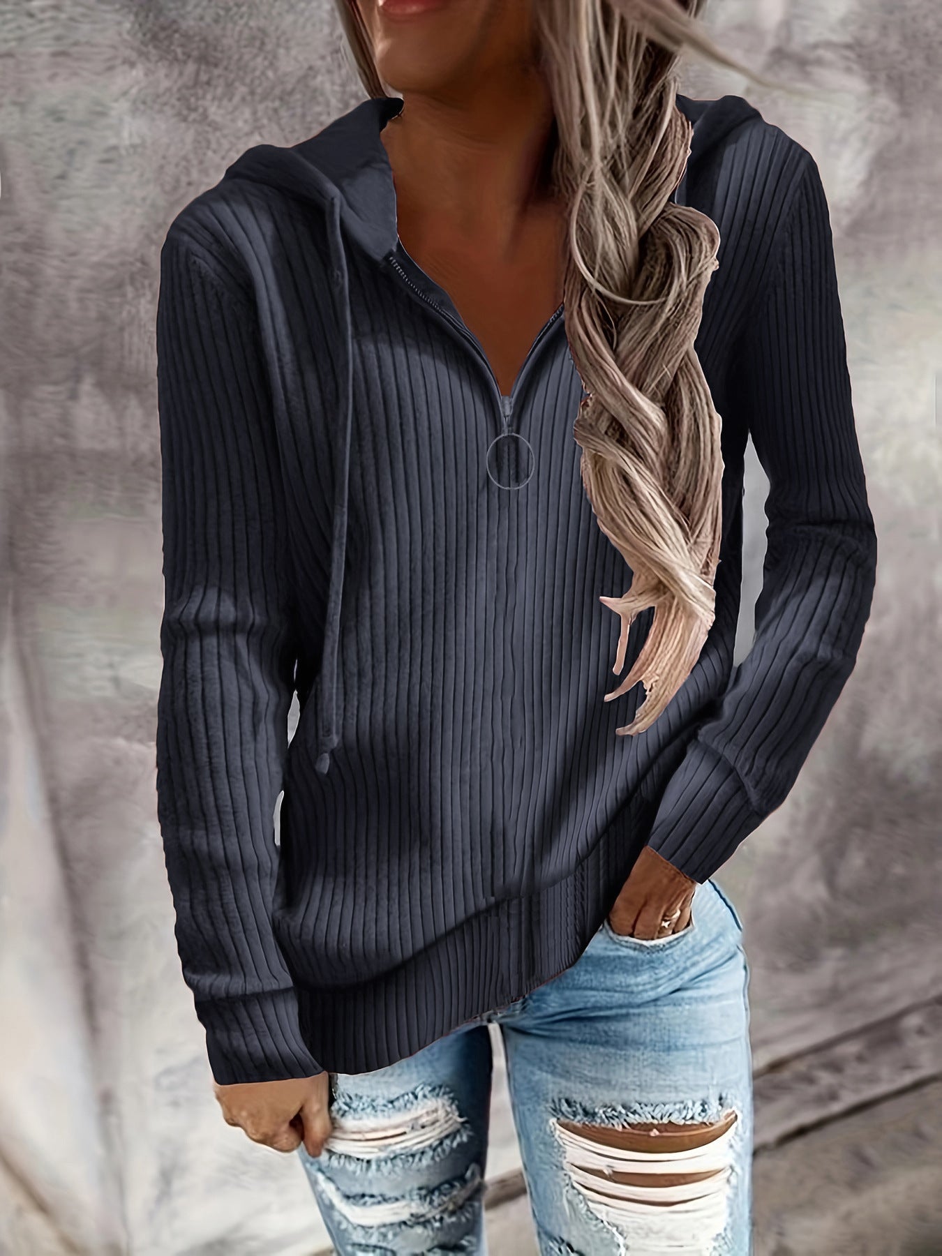 Damen Hoodie mit Reißverschluss und lässigem Rippenstrickdesign WW