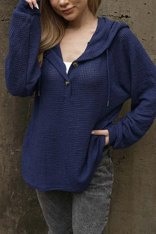 WW | Einfarbiger Knopf Zugband Lockere Lange Ärmel Hoodie