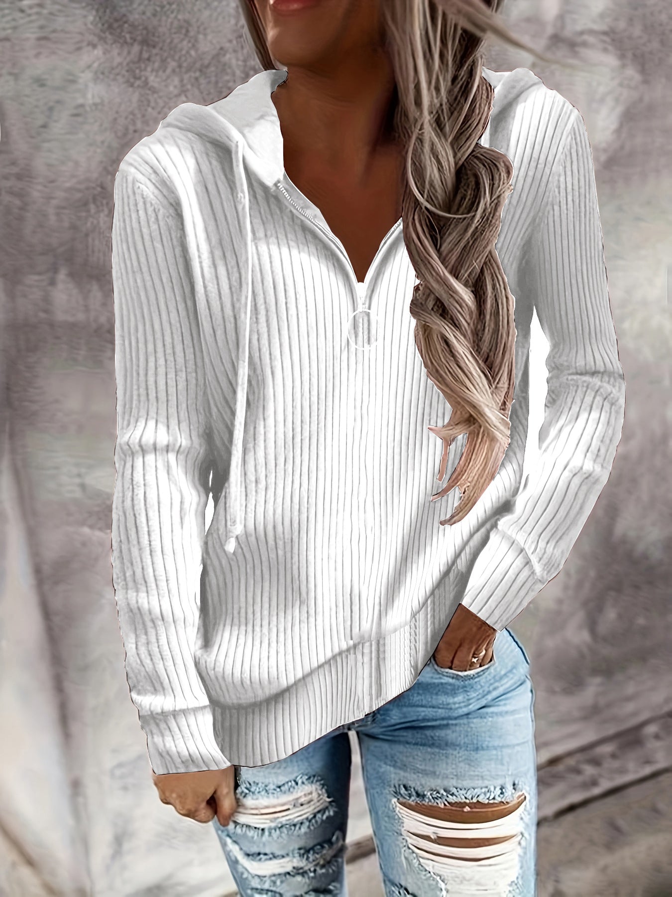 Damen Hoodie mit Reißverschluss und lässigem Rippenstrickdesign WW