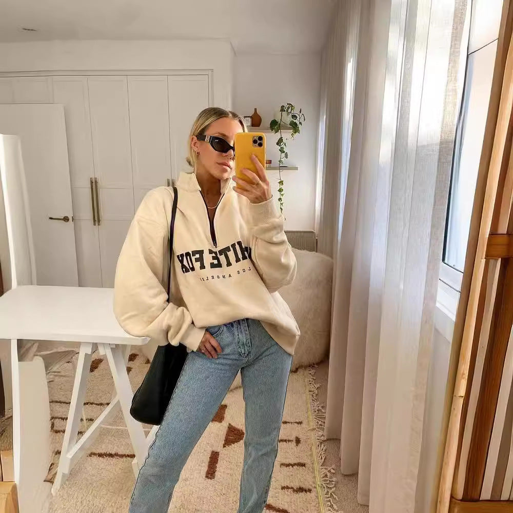 Damen gemütlicher Oversized-Pullover mit durchgehendem Reißverschluss und modernem Logo-Print WW
