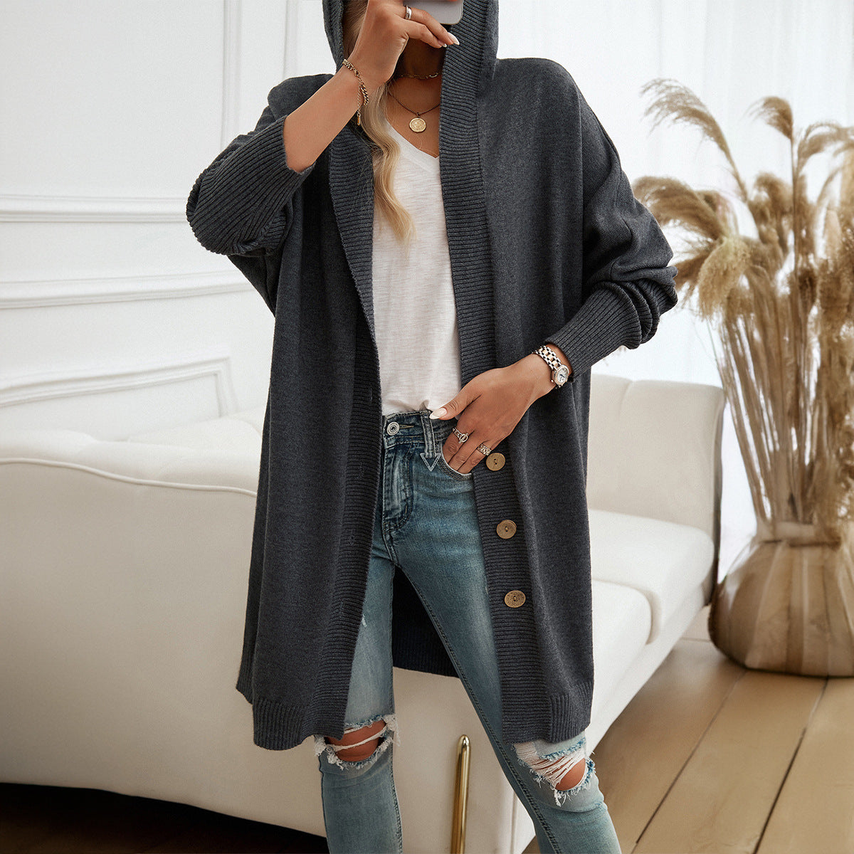 Damen Hoodie-Kardigan mit Knopfdetail und lässigem Schnitt WW