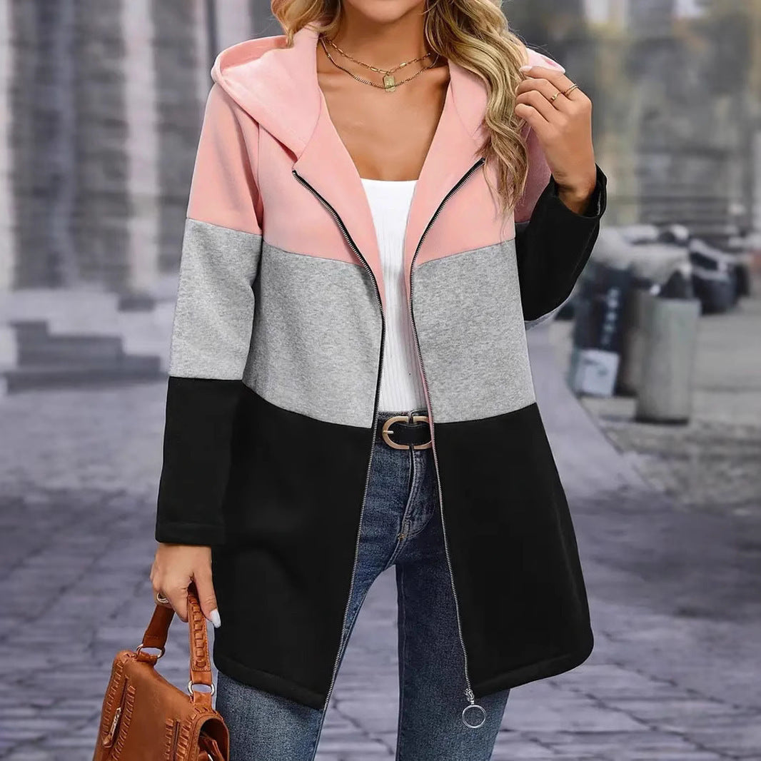 Damen modische Kapuzensweatjacke mit Farbblockdesign und bequemer Passform WW