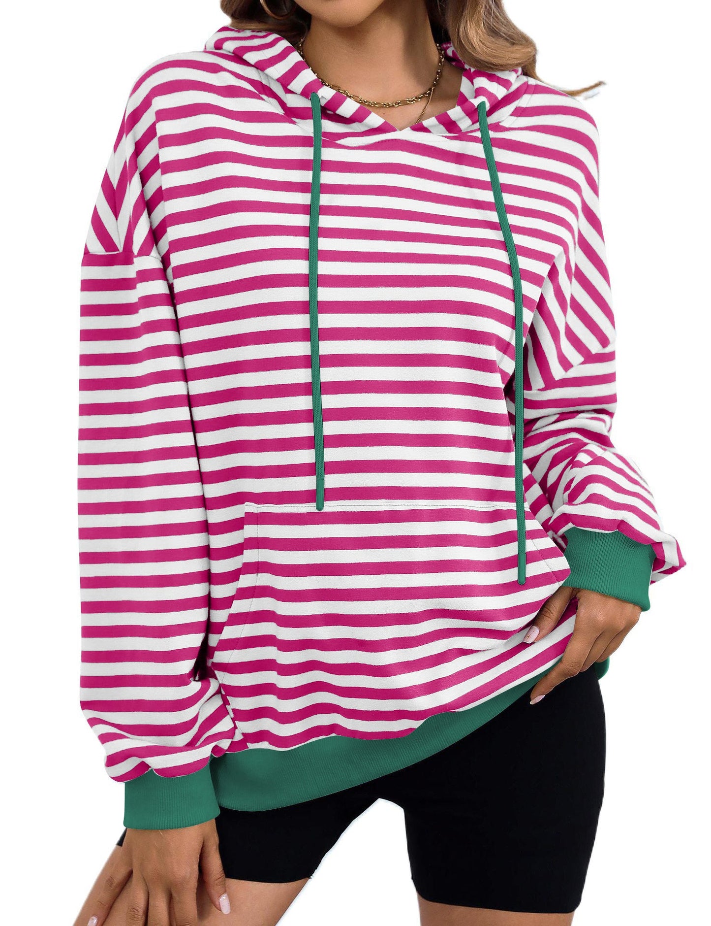 Damen gestreifter Kapuzenpullover mit stylischer Kängurutasche WW