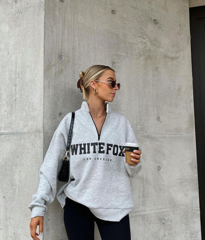 Damen gemütlicher Oversized-Pullover mit durchgehendem Reißverschluss und modernem Logo-Print WW