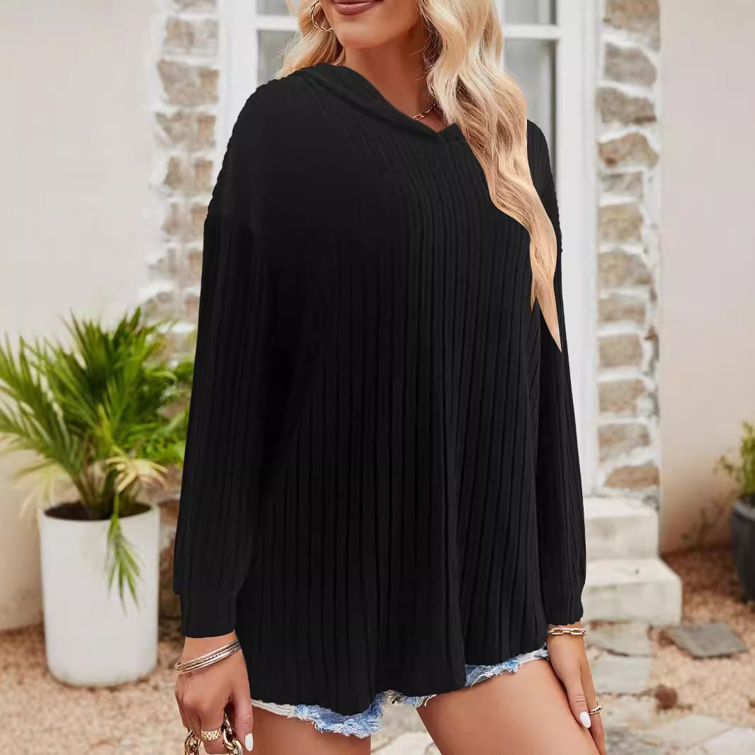 Damen lässiger Kapuzenpullover mit stilvollem Rippmuster und überschnittenen Ärmeln WW