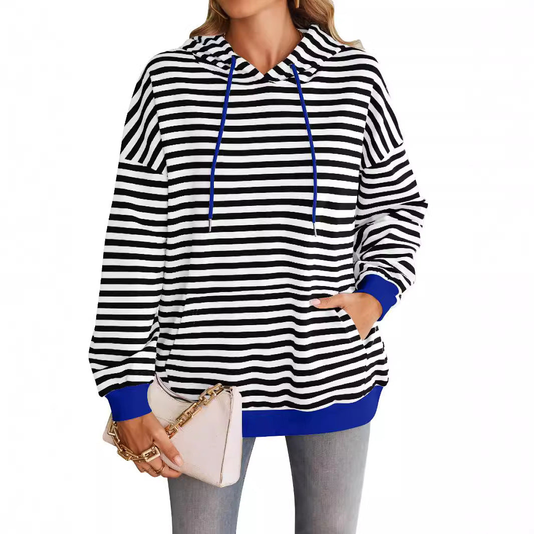 Damen gestreifter Kapuzenpullover mit stylischer Kängurutasche WW