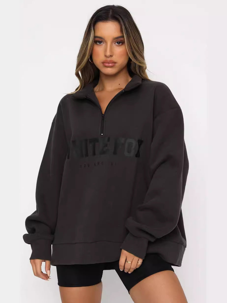 Damen gemütlicher Oversized-Pullover mit durchgehendem Reißverschluss und modernem Logo-Print WW