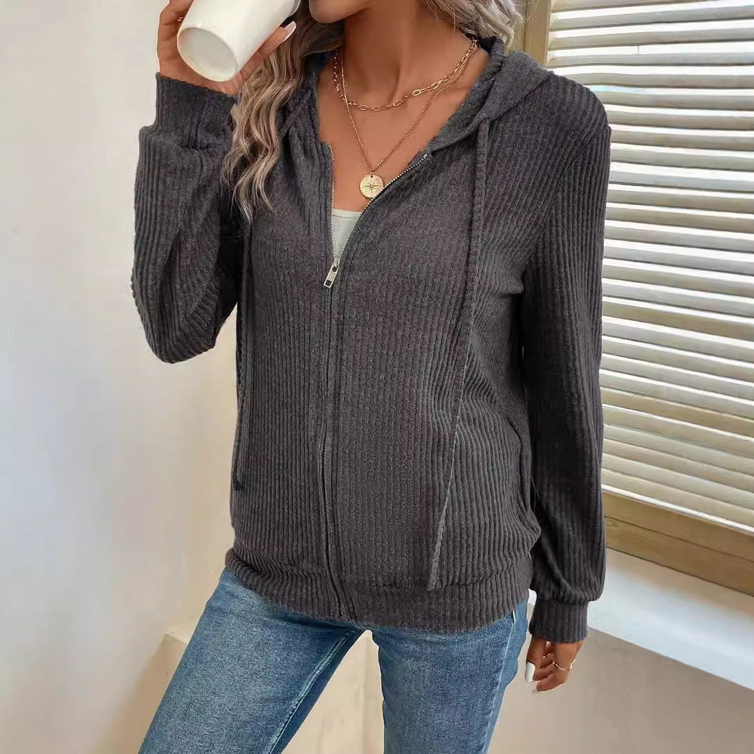 Damen gemütliche Kapuzenjacke im stylischen Rippstrickdesign WW