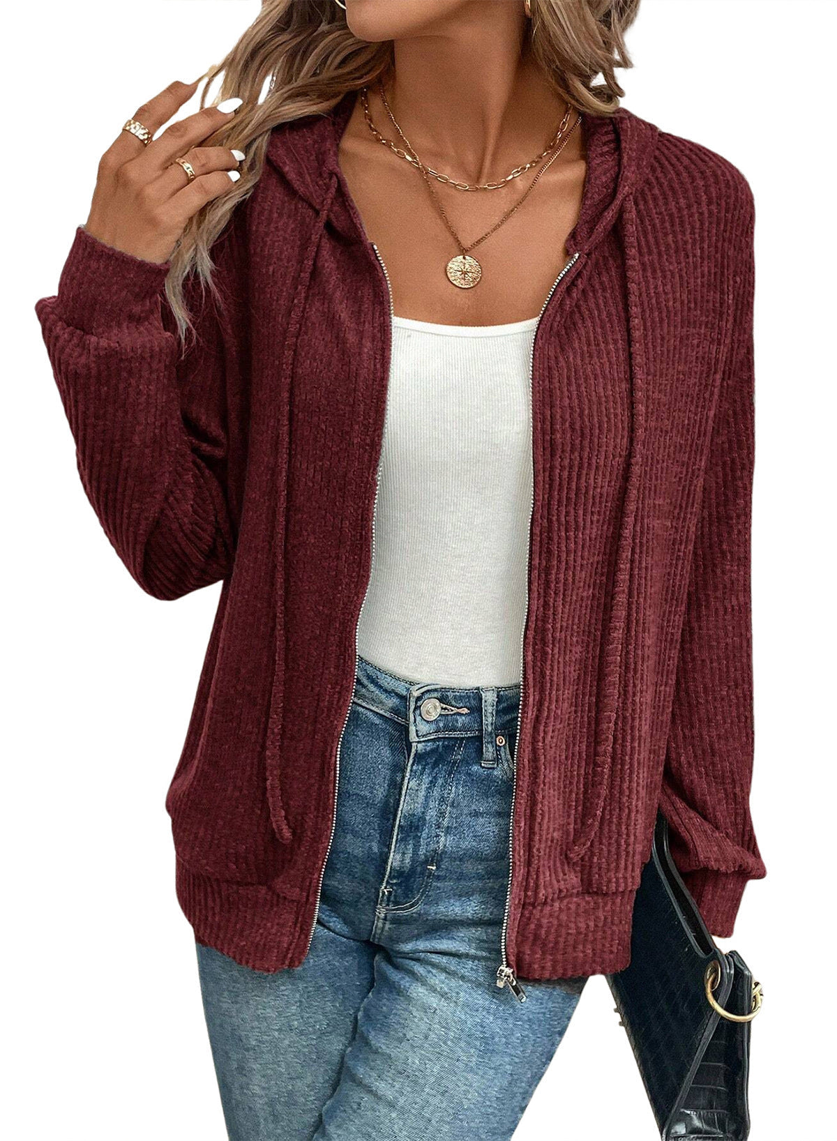 Damen gemütliche Kapuzenjacke im stylischen Rippstrickdesign WW