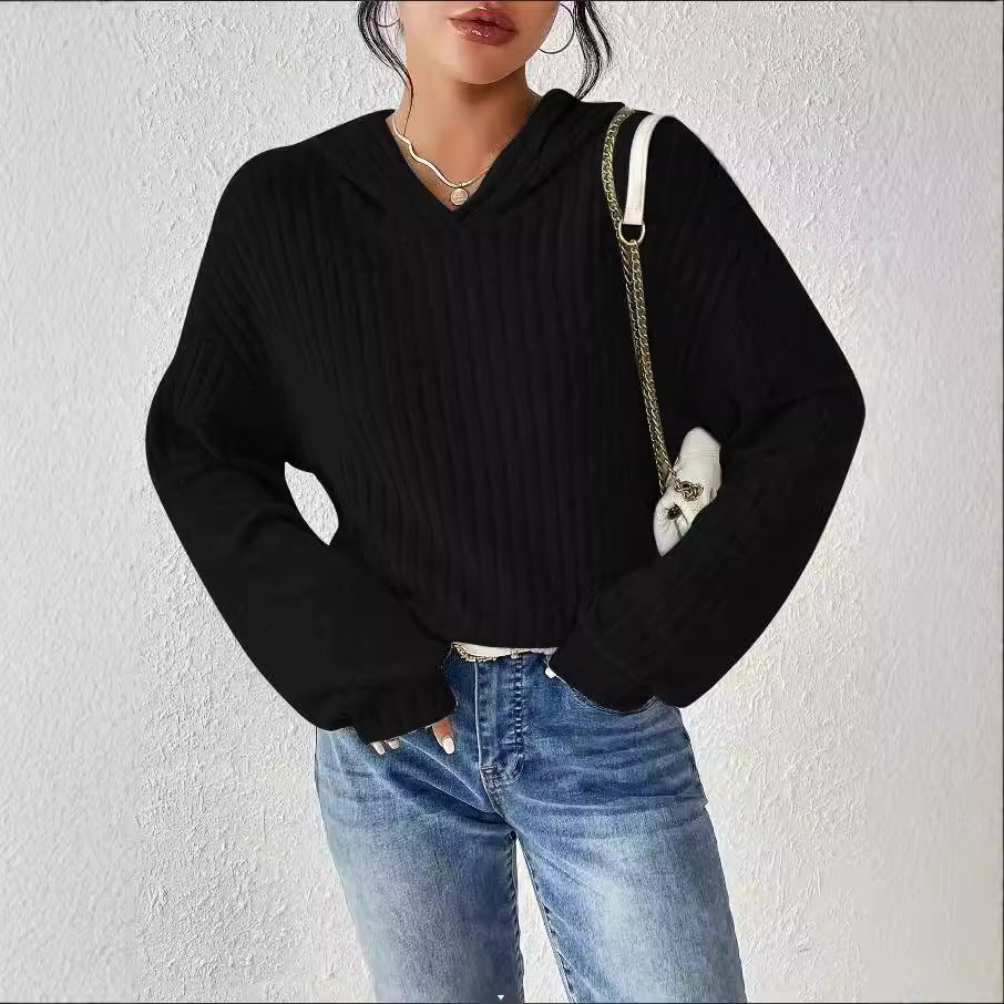 Damen lässiger Kapuzenpullover mit stilvollem Rippmuster und überschnittenen Ärmeln WW