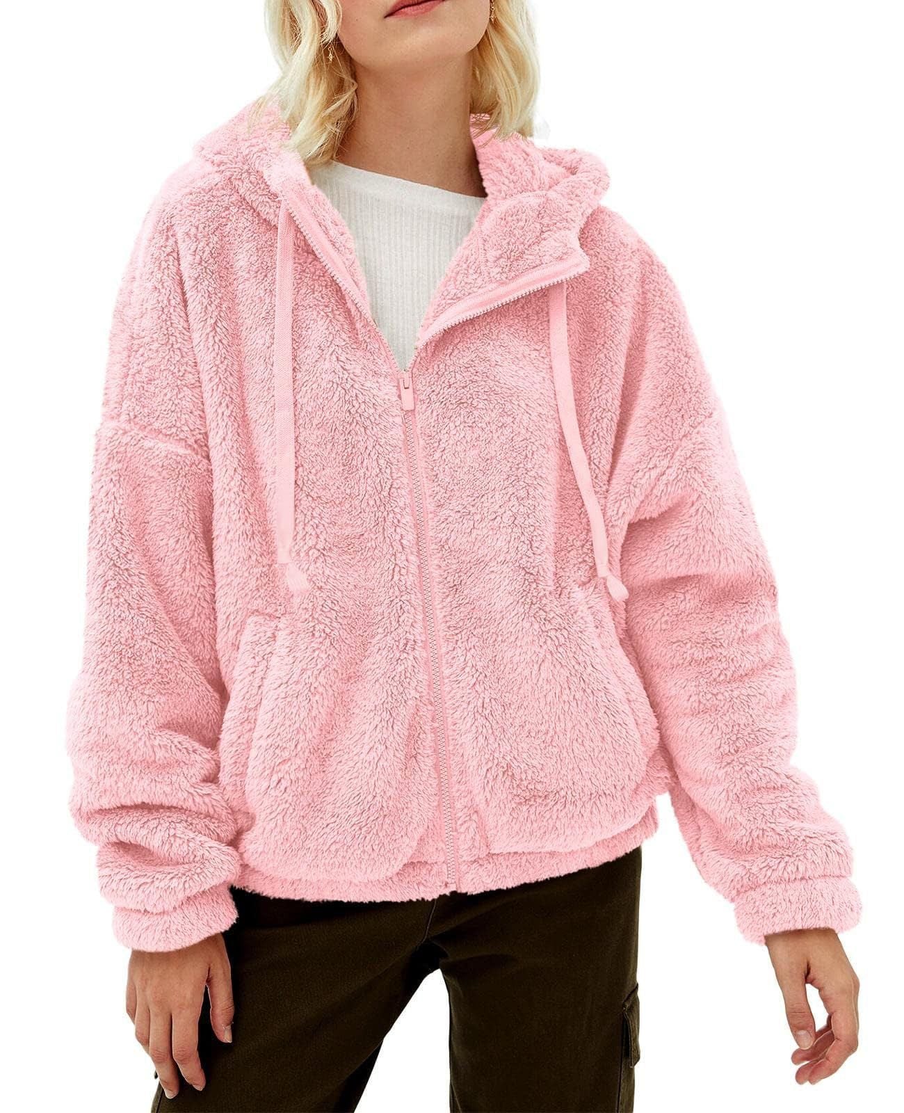Damen Flauschige Kapuzenjacke mit praktischen Taschen und Reisverschluss WW