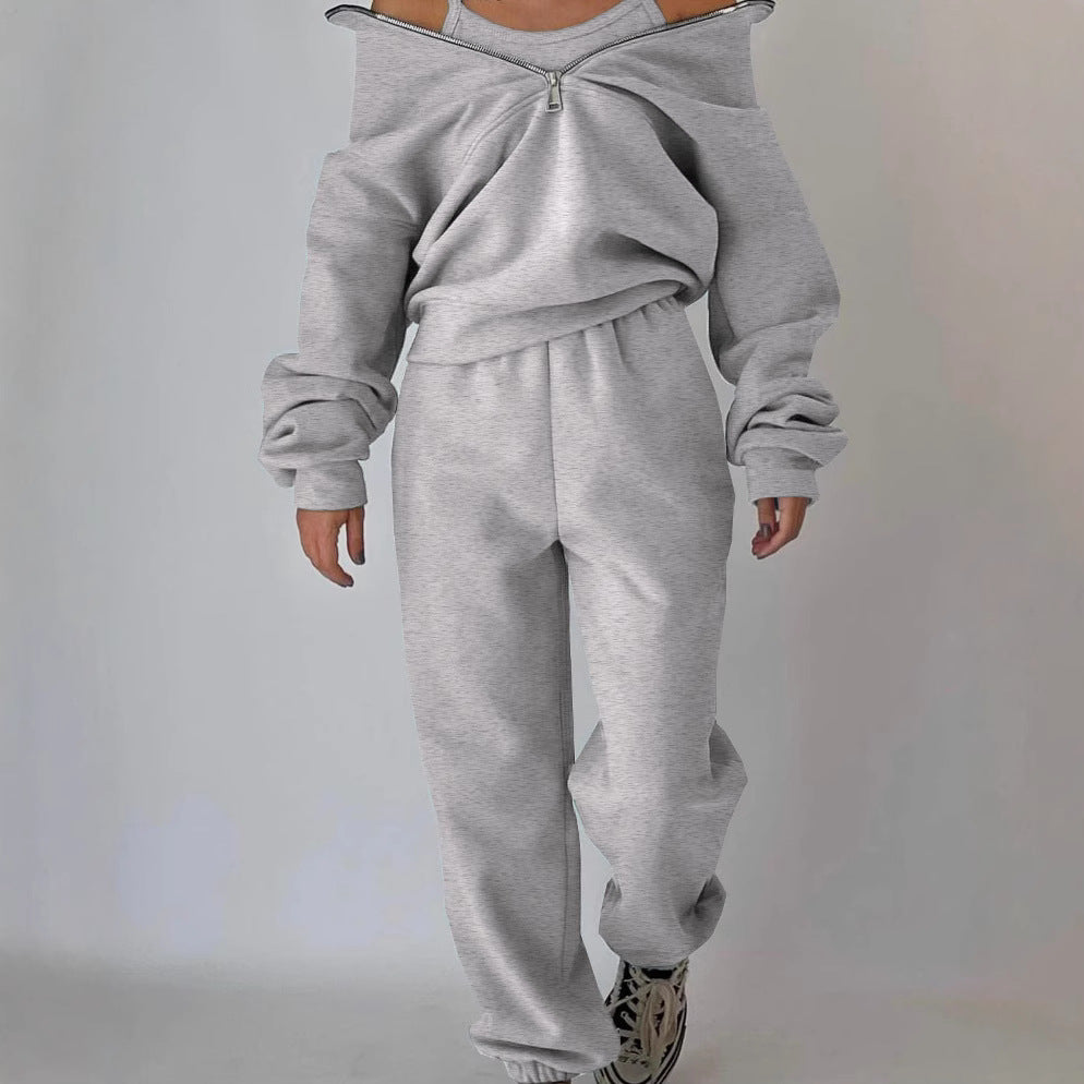 Damen lässiger Oversized-Hoodie und Jogginghose Set mit praktischem Reißverschluss WW