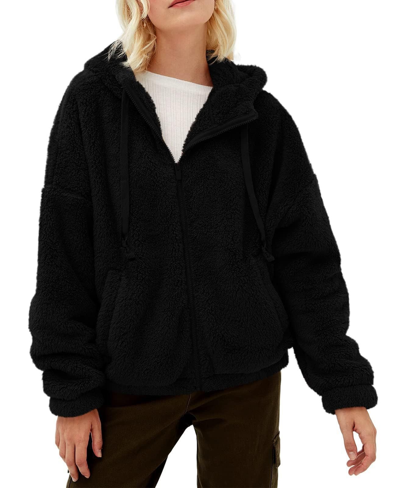 Damen Flauschige Kapuzenjacke mit praktischen Taschen und Reisverschluss WW
