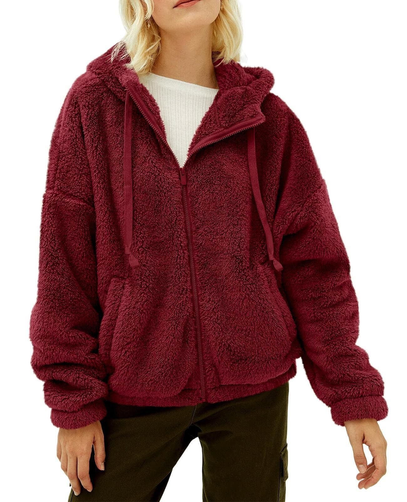 Damen Flauschige Kapuzenjacke mit praktischen Taschen und Reisverschluss WW