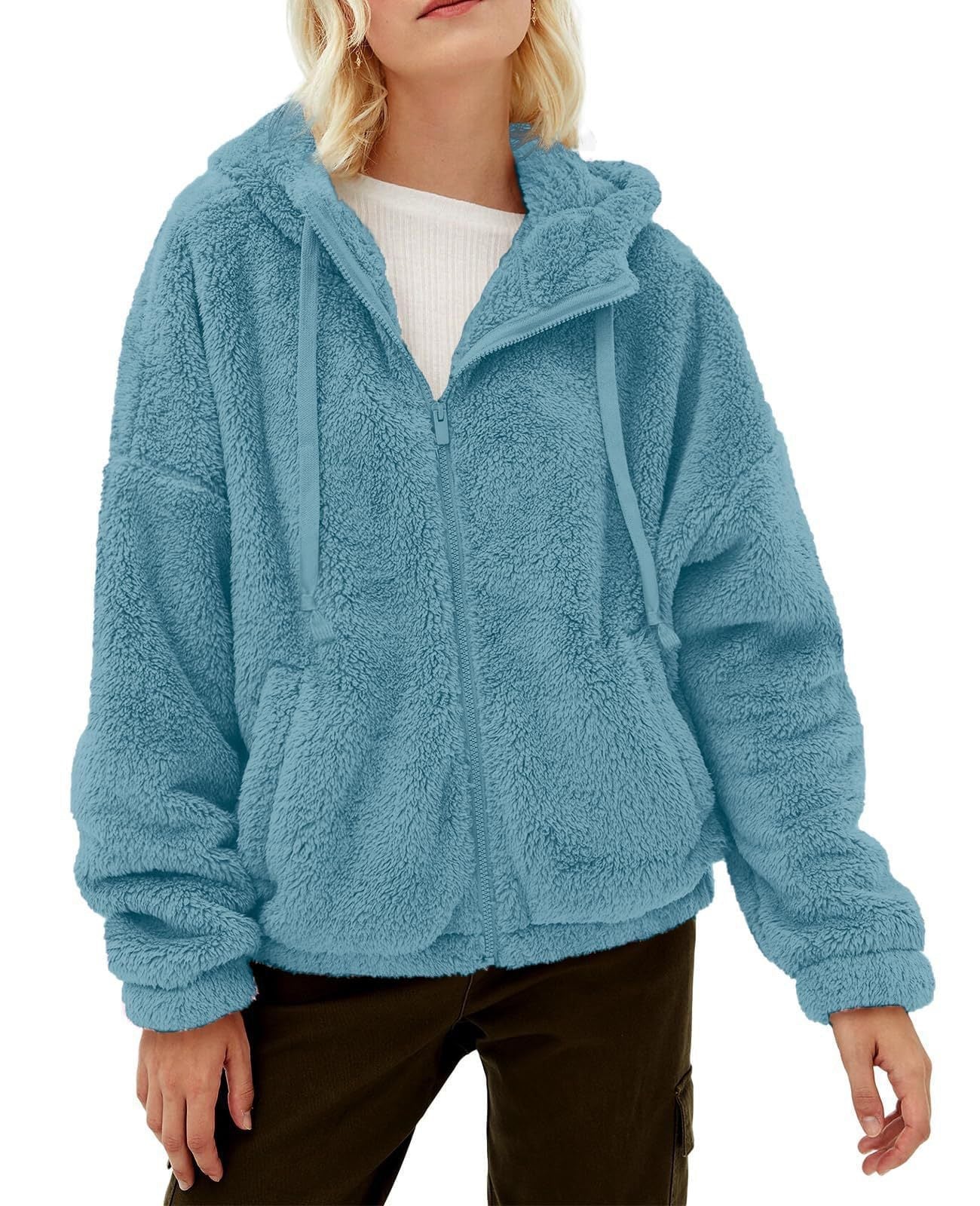 Damen Flauschige Kapuzenjacke mit praktischen Taschen und Reisverschluss WW