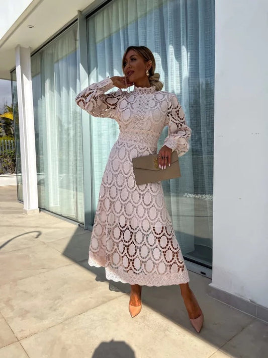 Damen Midikleid mit langen Ärmeln und hohen Hals für den Sommer