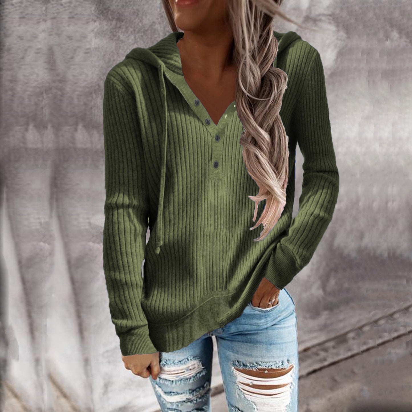 Damen Hoodie mit strukturiertem Rippmuster und knöpfbarem Ausschnitt WW