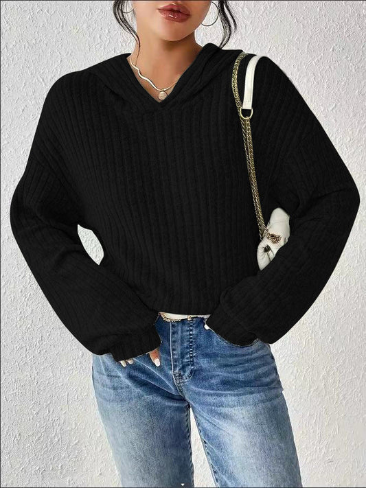 Damen lässiger Kapuzenpullover mit stilvollem Rippmuster und überschnittenen Ärmeln WW