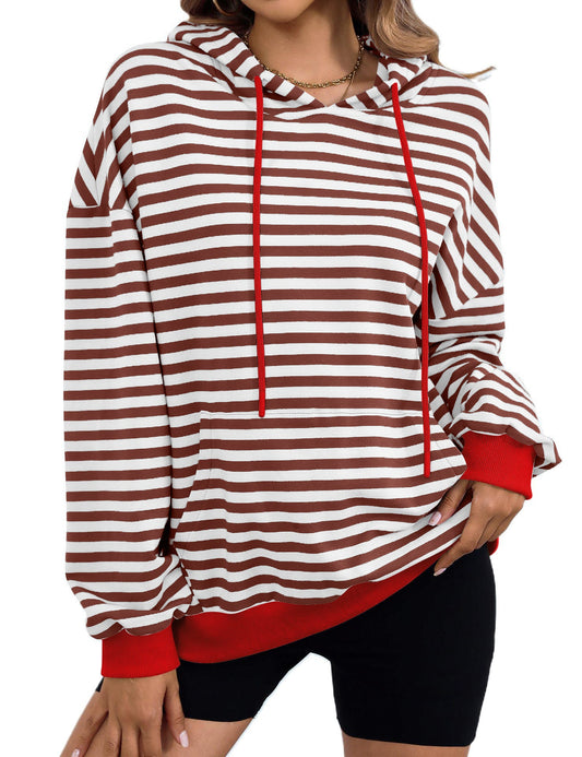 Damen gestreifter Kapuzenpullover mit stylischer Kängurutasche WW