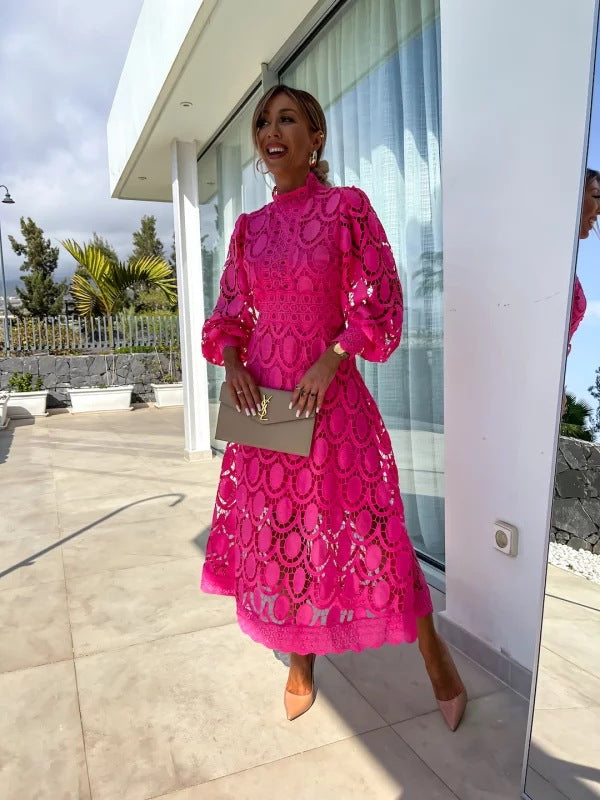 Damen Midikleid mit langen Ärmeln und hohen Hals für den Sommer