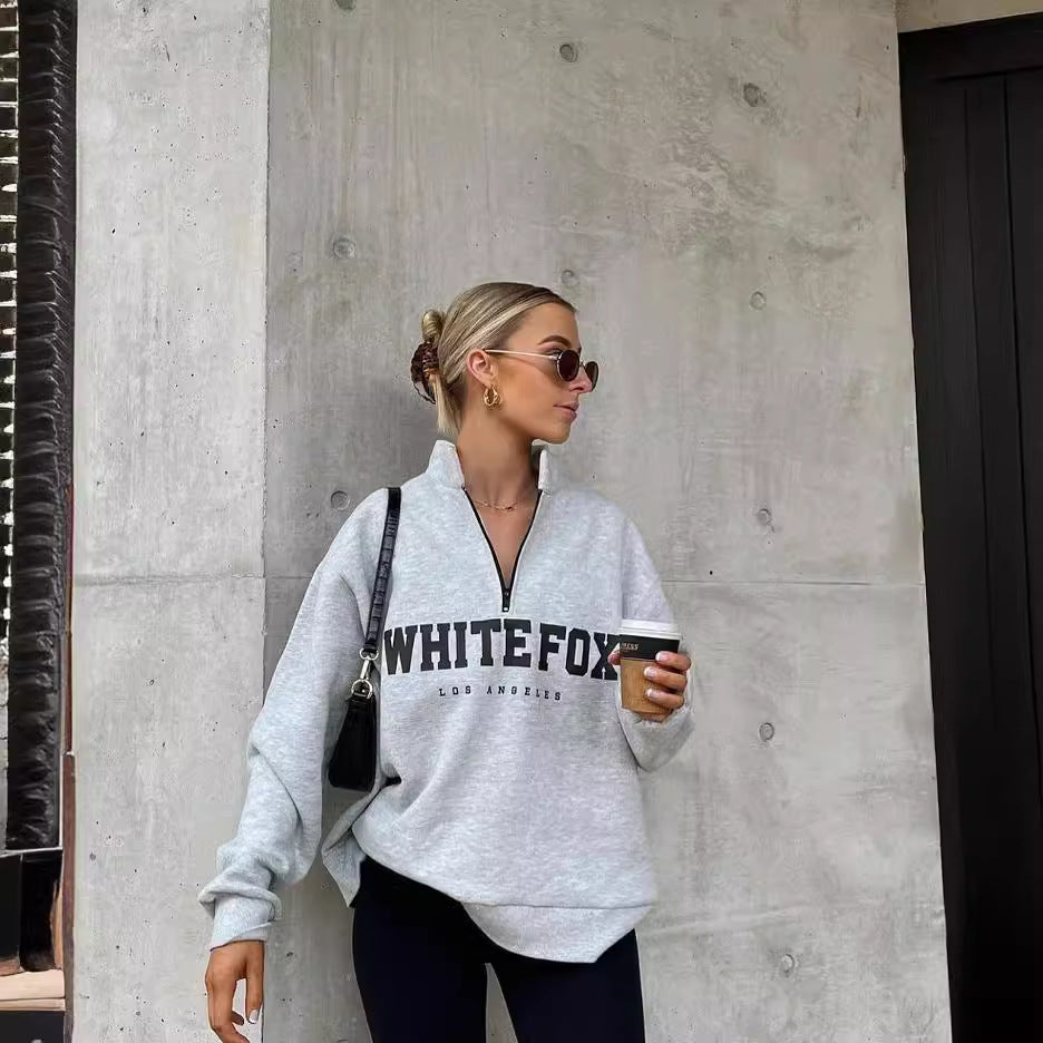 Damen gemütlicher Oversized-Pullover mit durchgehendem Reißverschluss und modernem Logo-Print WW