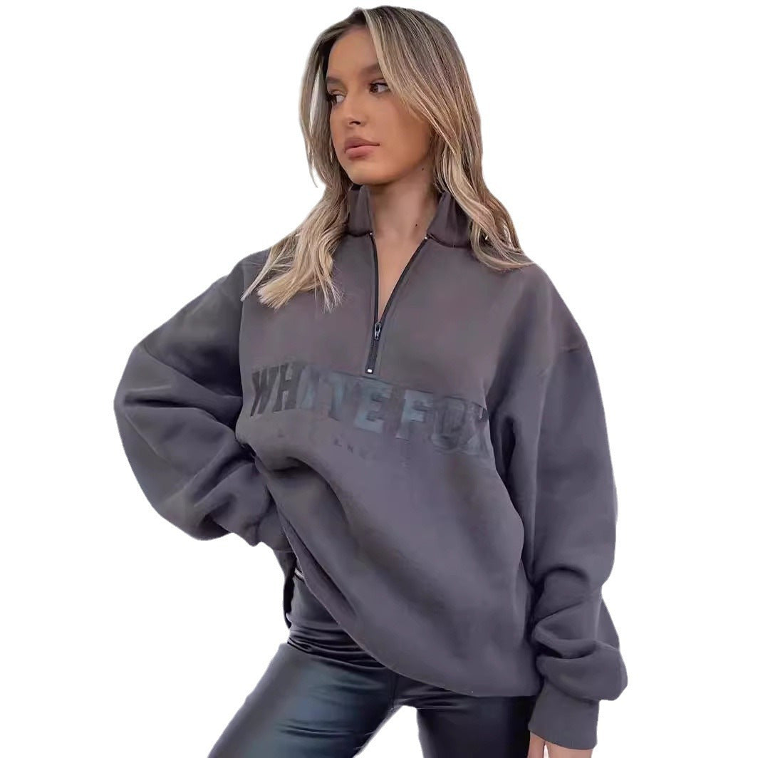 Damen gemütlicher Oversized-Pullover mit durchgehendem Reißverschluss und modernem Logo-Print WW