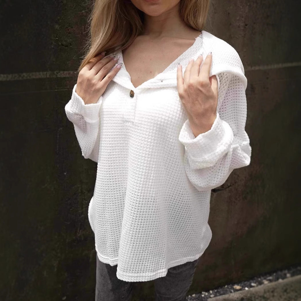 WW | Einfarbiger Knopf Zugband Lockere Lange Ärmel Hoodie