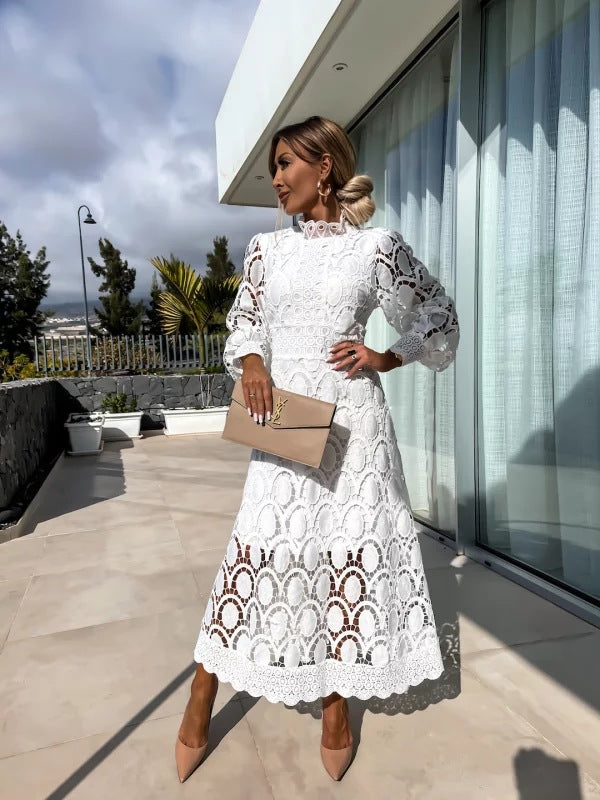 Damen Midikleid mit langen Ärmeln und hohen Hals für den Sommer