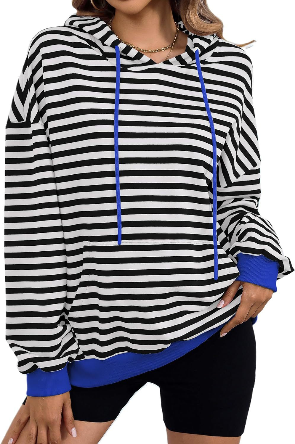 Damen gestreifter Kapuzenpullover mit stylischer Kängurutasche WW