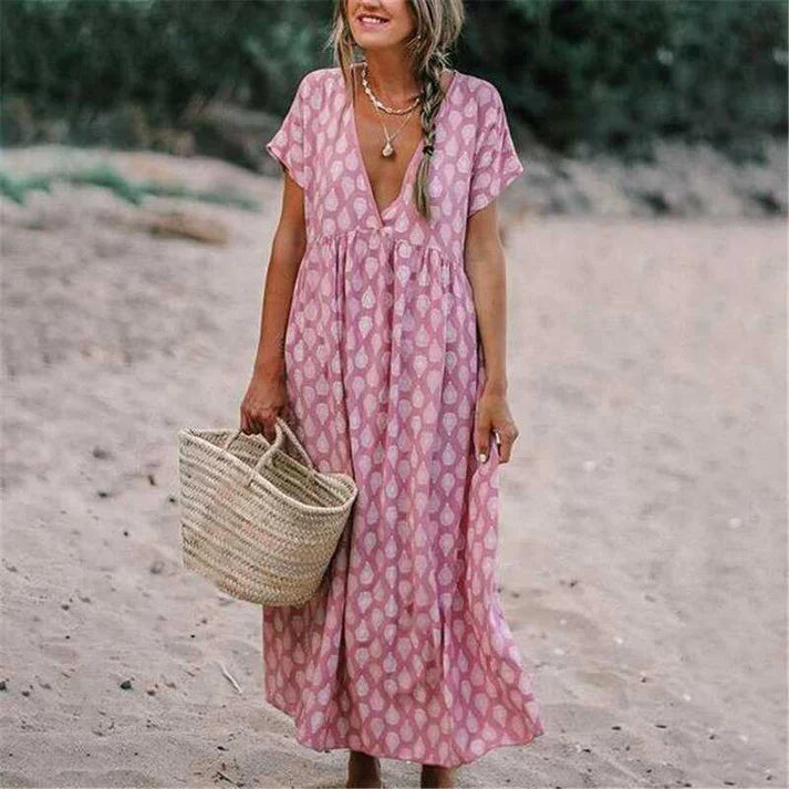 Boho Maxikleid mit V-Ausschnitt – Luftiges Sommerkleid mit Print und Kurzarm