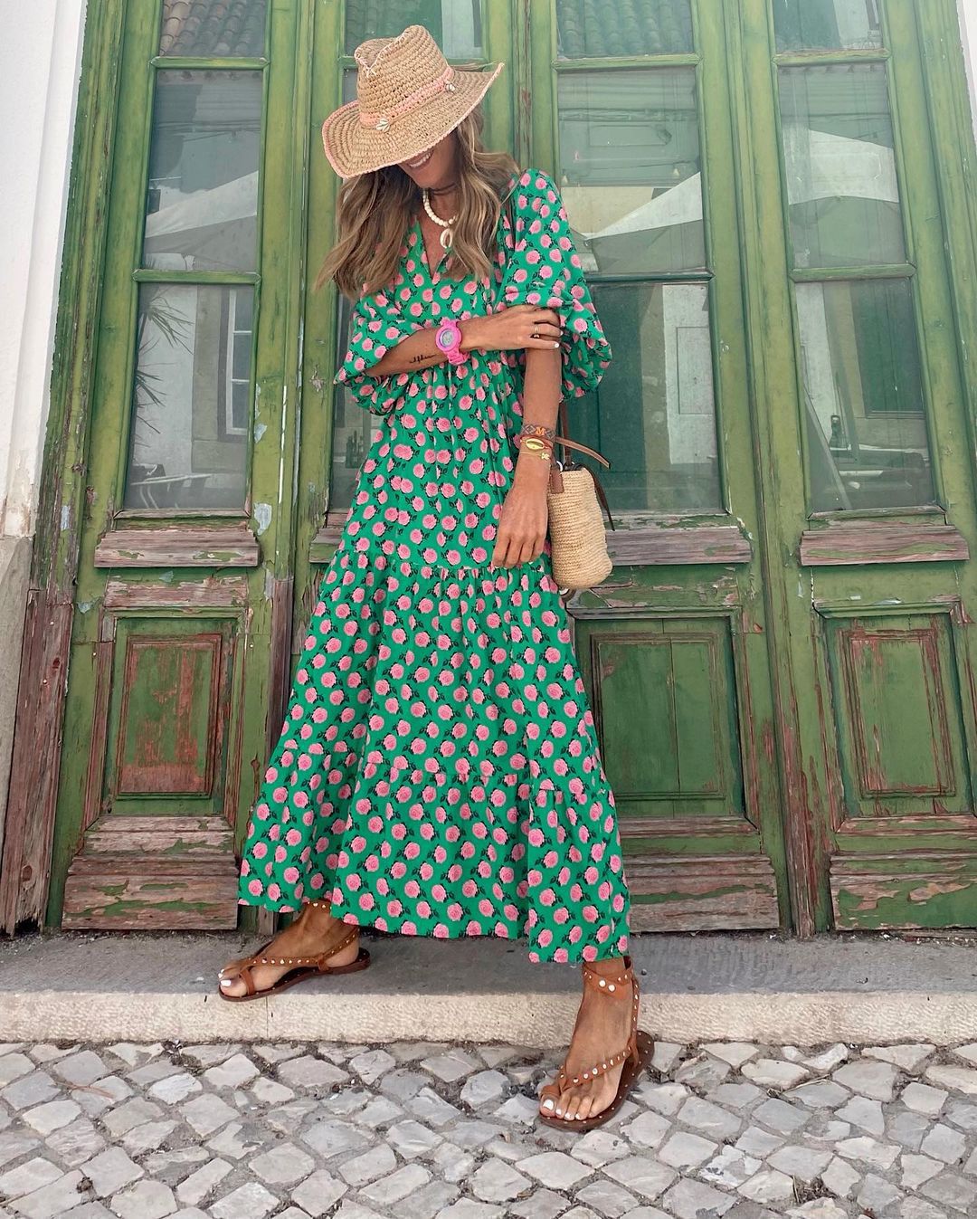Damen Boho-Kleid – Luftiges Blumenkleid mit weitem Schnitt und 3/4 Ärmeln