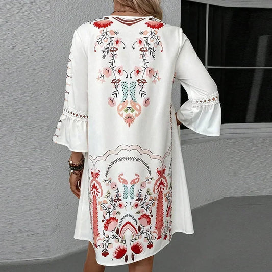 Boho Kleid Mit 3/4 Ärmeln Und V Ausschnitt | Mini