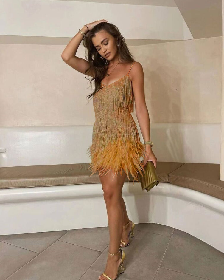 Felicidade - Elegantes Cocktailkleid für Damen mit Pailletten und Federn