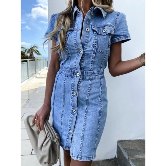 Damen Jeanskleid mit Knopfleiste – Figurbetontes Denim-Kleid mit Kurzarm für Sommer