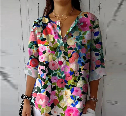 Damen Elegante Button Down Hemd | Blumen Bedrucken