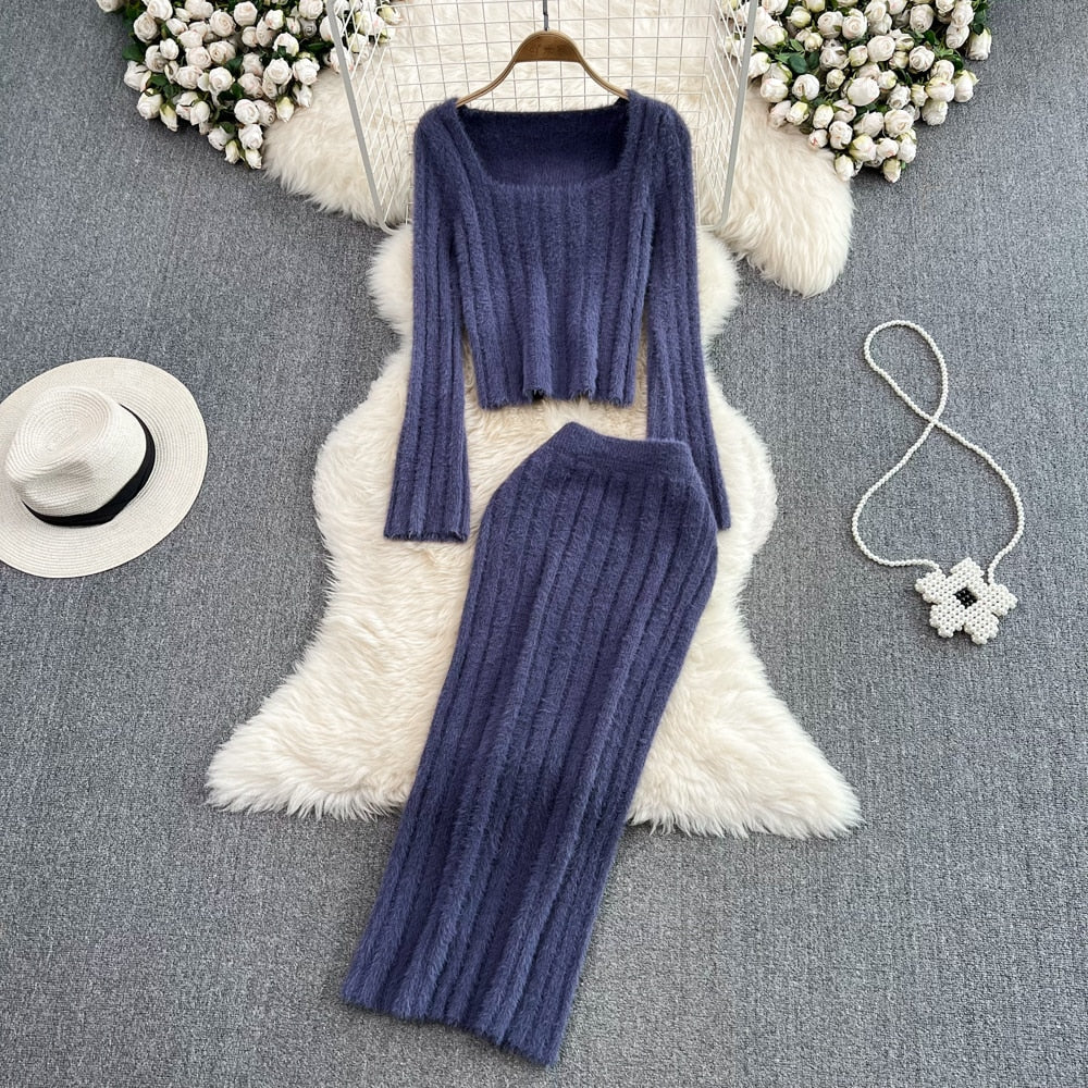 AubreysSet I 2-teiliges Set für Frauen I Rock mit hoher Taille und Pullover mit quadratischem Ausschnitt
