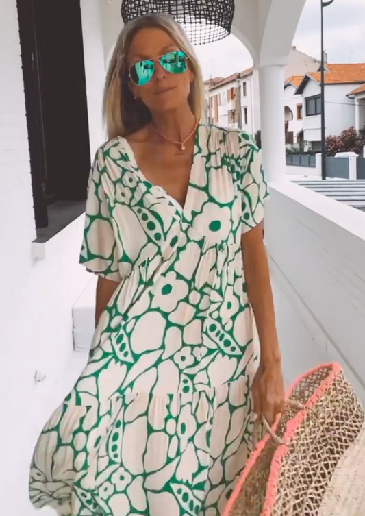 Damen Boho Maxikleid – Luftiges Sommerkleid mit floralem Print & V-Ausschnitt für Strand & Urlaub