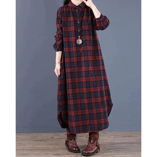Langärmliges Kariertes Hemdkleid Für Damen | Midi